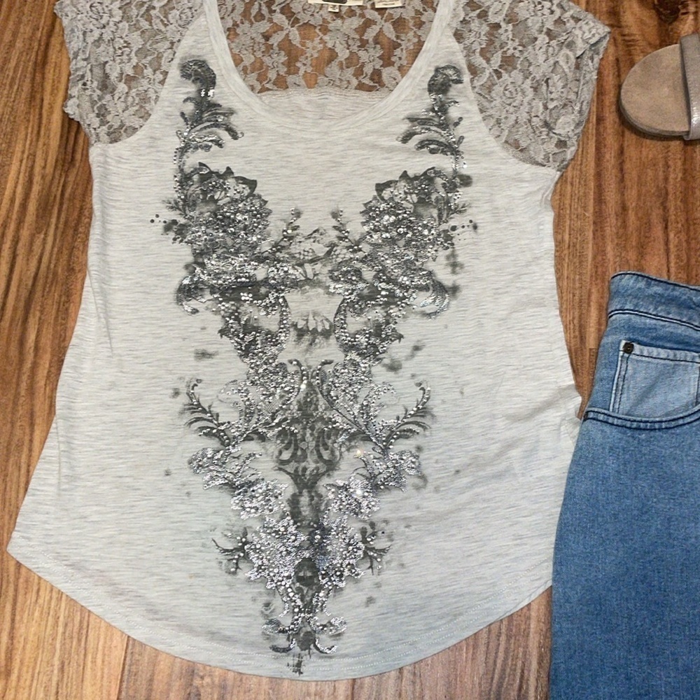 Miss Me Womens Medium top shirt slub knit embellished lace short sleeve graphic - Picture 2 of 8